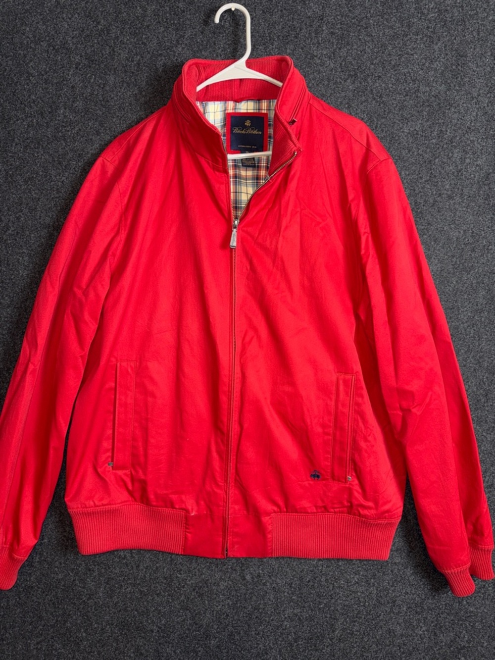 Brooks Brothers Mens Red Cotton Harrington Bomber Jacket Plaid Lined XL